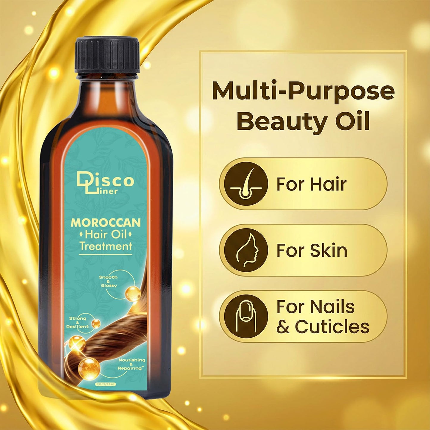 Discoliner Luxury Moroccan Hair Oil for Dry, Frizzy Hair & Split Ends, Hair Oil Treatment for Shine, Hydration & Repair (1, 100, Milliliters)