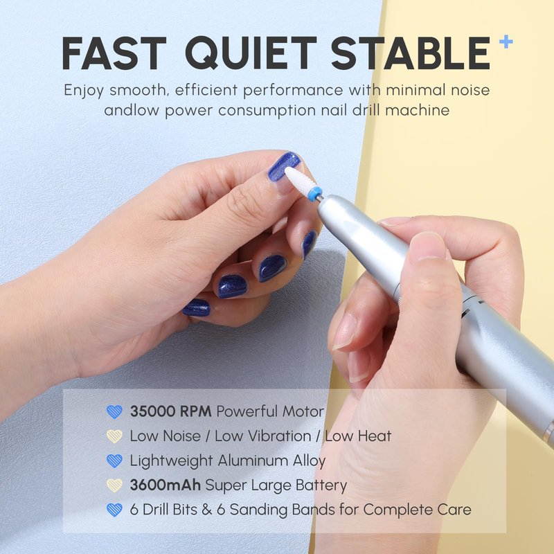 Aokitec Portable Nail Drill Professional - 35000RPM Electric Rechargeable Nail Drill Machine with Drill Bits Sanding Bands E File Kit for Acrylic/Gel Nails Removal Manicure Pedicure Kit, Blue