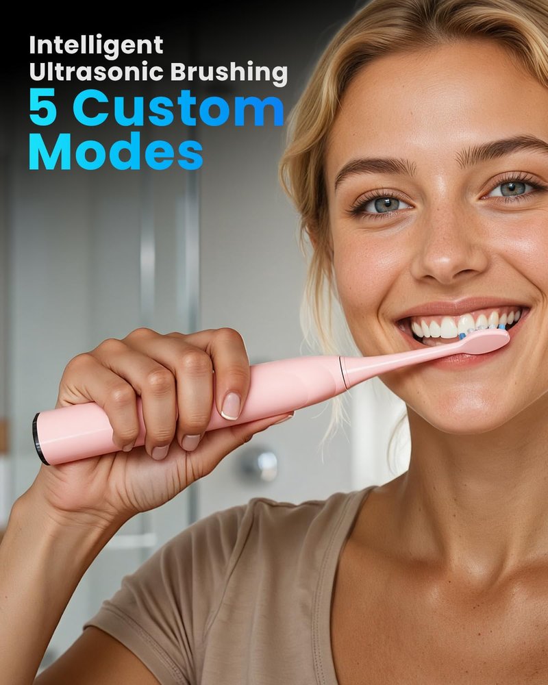 Onlyone Ultrasonic Electric Toothbrush for Adults, Rechargeable Electric Toothbrush with 8 Brush Heads, Travel Case, Charging Base & Wireless Charging - 5 Modes with Smart Timer