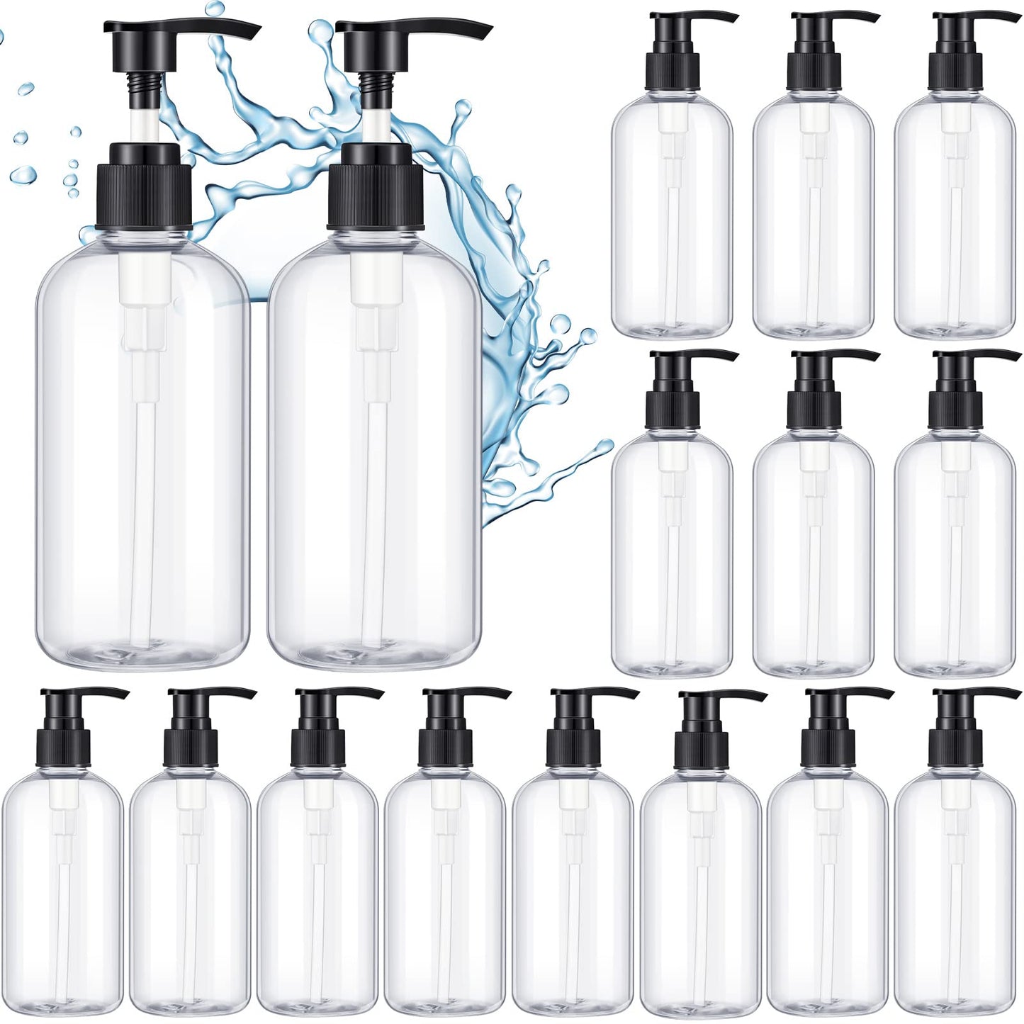 16 Pcs Empty Shampoo Bottles Plastic Pump Bottles Liquid Dish Soap Dispenser Refillable Shampoo Dispenser for Shower Wall Shampoo and Conditioner Dispenser for Bathroom Kitchen (250 ML/ 8.5 OZ)