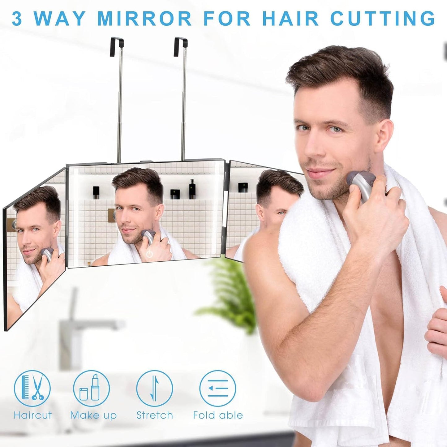 Kirli 3 Way Mirror for Self Hair Cutting – 360° with LED Lighting, Portable Trifold Mirror to See Back of Head, Adjustable Hooks, Ideal for Men & Women Styling (Black - with Led)