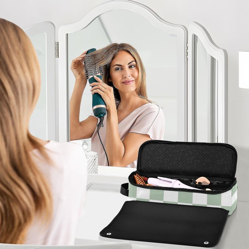 Checkered Green and White Hair Tools Travel Bag with Heat Resistant Mat Detachable 2-in-1 Curling Iron Travel Case Hot Tools Organizer for Straightener Flat Iron