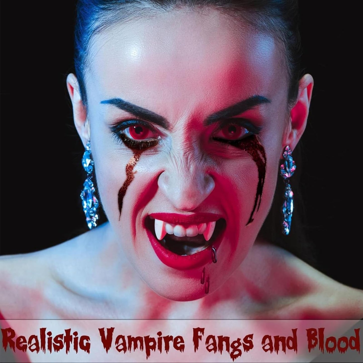 7 PCS Halloween Fake Blood Makeup Kit 3 Size Vampire Teeth Fangs Fresh Red Fake Blood Spray Realistic Coagulated Blood for Party Monster Zombie Cosplay