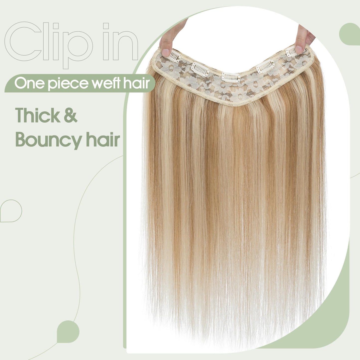 S-noilite One Piece Clip-in Hair Extensions Human Hair Balayage 5 Clips 3/4 Full Head V Part Weft Thicker Hair Lace Net One Piece Hair Extensions (14"-50g, #Golden Brown/Bleach Blonde)