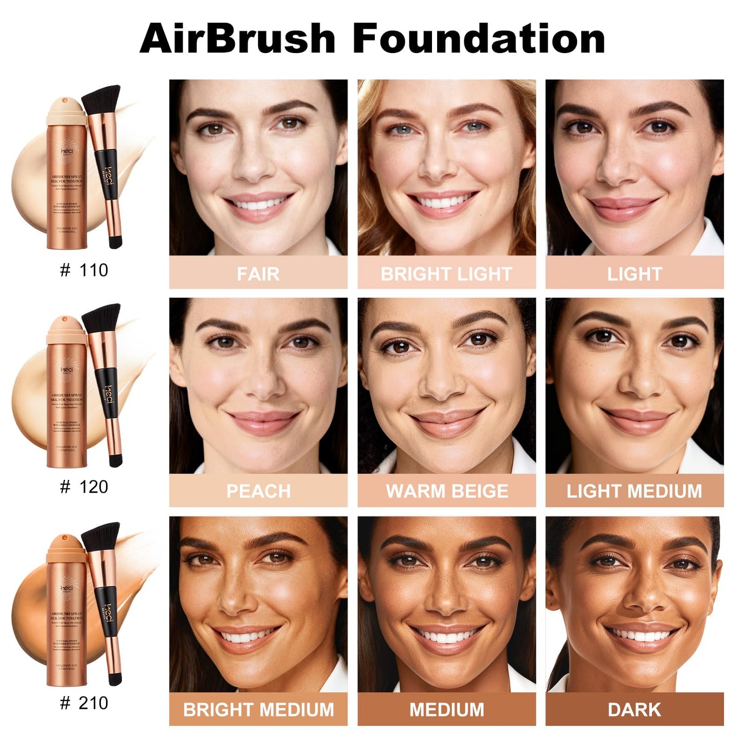 HECI BEAUTY Airbrush Foundation for Mature Skin, Silk Spray & Kabuki Brush Set, Flawless Finish, Anti-Aging Formula for Smooth Radiant Skin, Long Wear Lightweight Makeup,110 Light, 1.69 fl oz