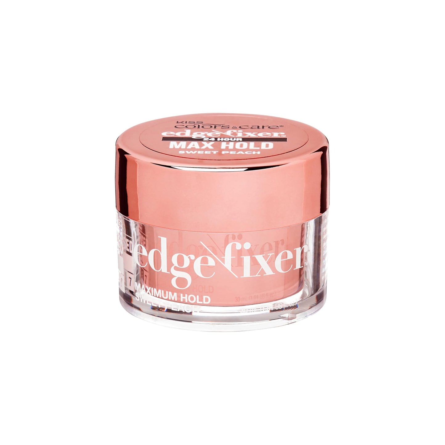 Kiss Colors & Care Maximum Hold Edge Fixer Gel for Curly Hair, Sweet Peach Scent, 1.01 Fl oz/30 ml, Infused with Biotin B7, 24hr Edge Control & Flyaway Hair Tamer, Non-Flaking, Non-Greasy Styling Gel