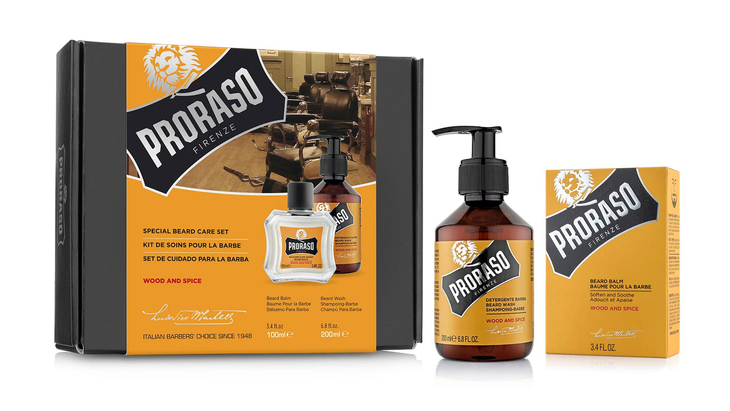 Proraso Beard Care Kit for Men | Beard Wash & Beard Balm to Cleanse, Soften and Reduce Itch for New or Short Beards | Wood & Spice Fragrance