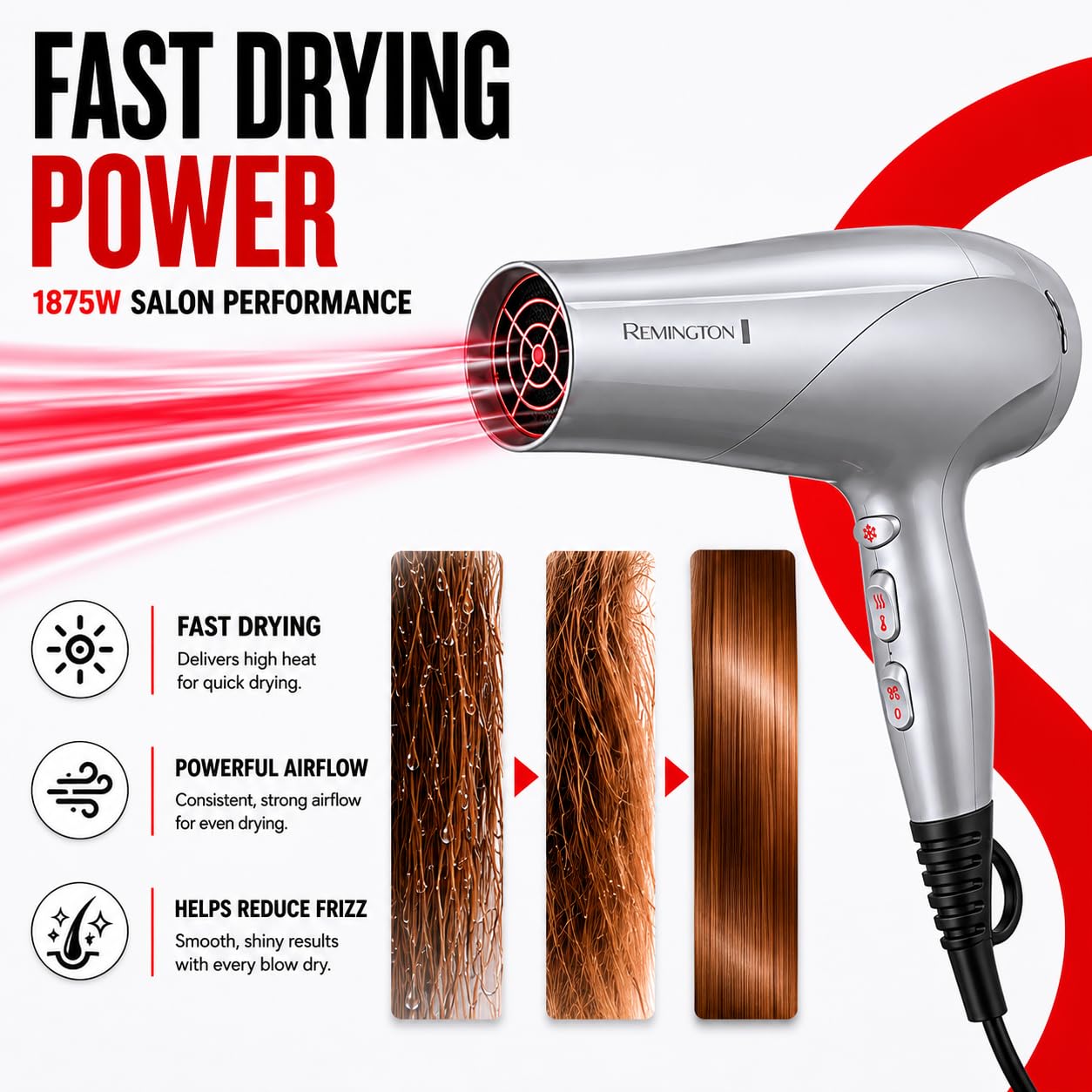 Remington Hair Dryer - Damage Protection with Ceramic Ionic Tourmaline Technology | Grey, 3-Piece Set with Diffuser & Concentrator
