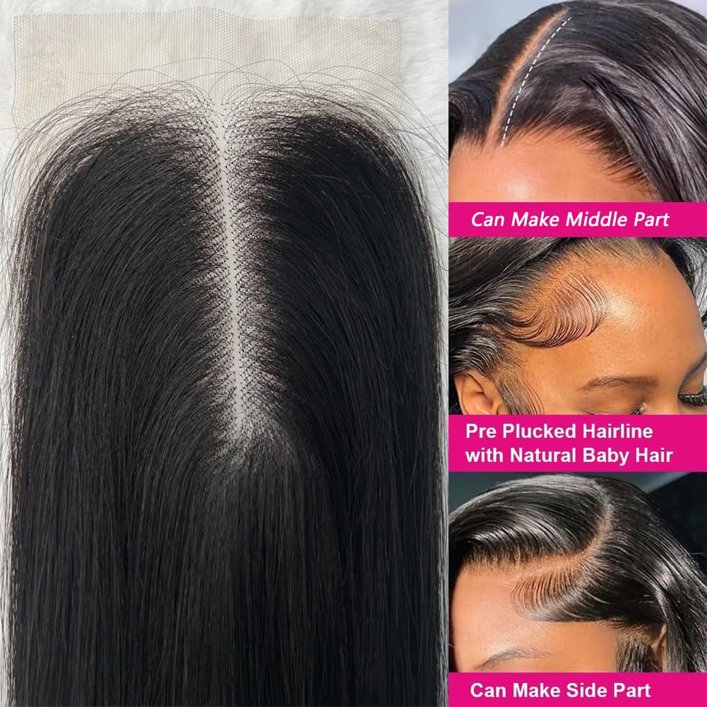 2x6 Hd Lace Closure Straight Indian Virgin Human Hair,18Inch Middle Part Pre Plucked Natural Hairline Transparent Swiss Lace Closure Human Hair