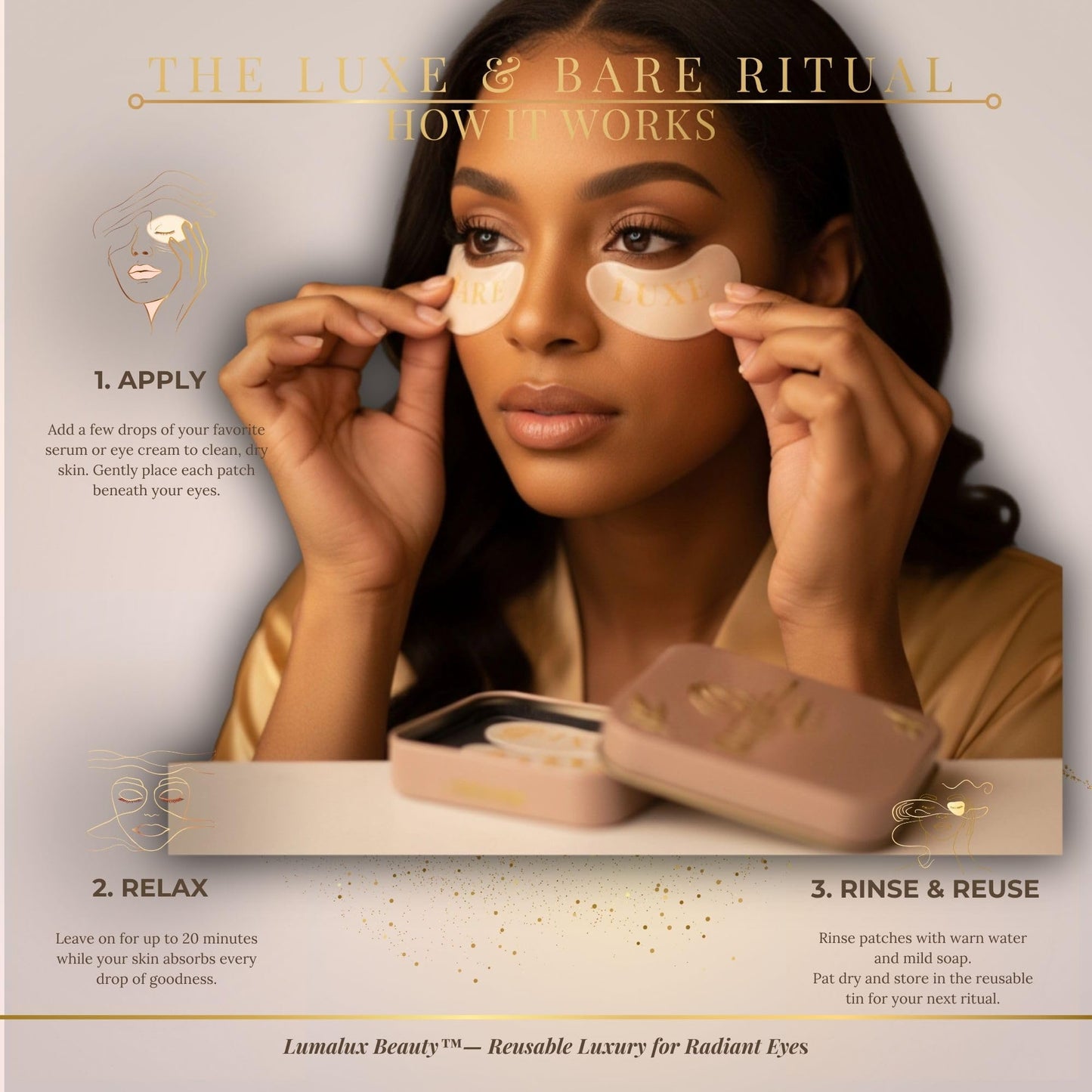 LUMALUX BEAUTY Reusable Under-Eye Patches – Premium Silicone Eye Masks for Depuffing, Hydrating & Brightening | Long-Term Reusable 30+ Uses | Luxe & Bare | 1 Pair + Storage Tin