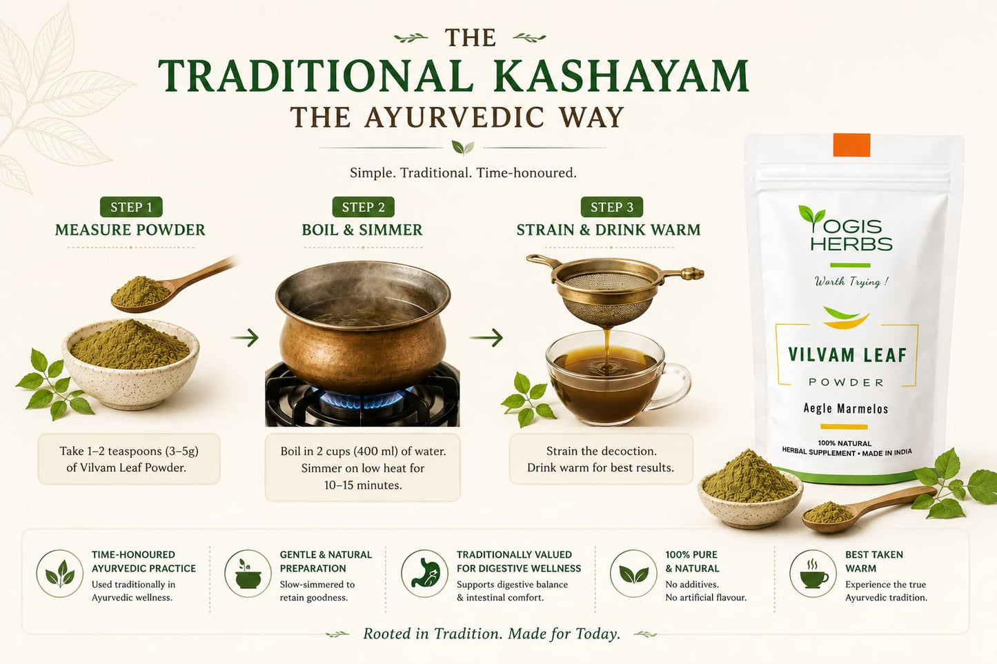 YOGIS HERBS Vilvam Leaf Powder, Bilva (Aegle marmelos/Bael) — Traditional Ayurvedic Herb for Digestive Wellness, Bowel Support & Gut Balance — Stone-Ground Pure Leaf, Single-Ingredient