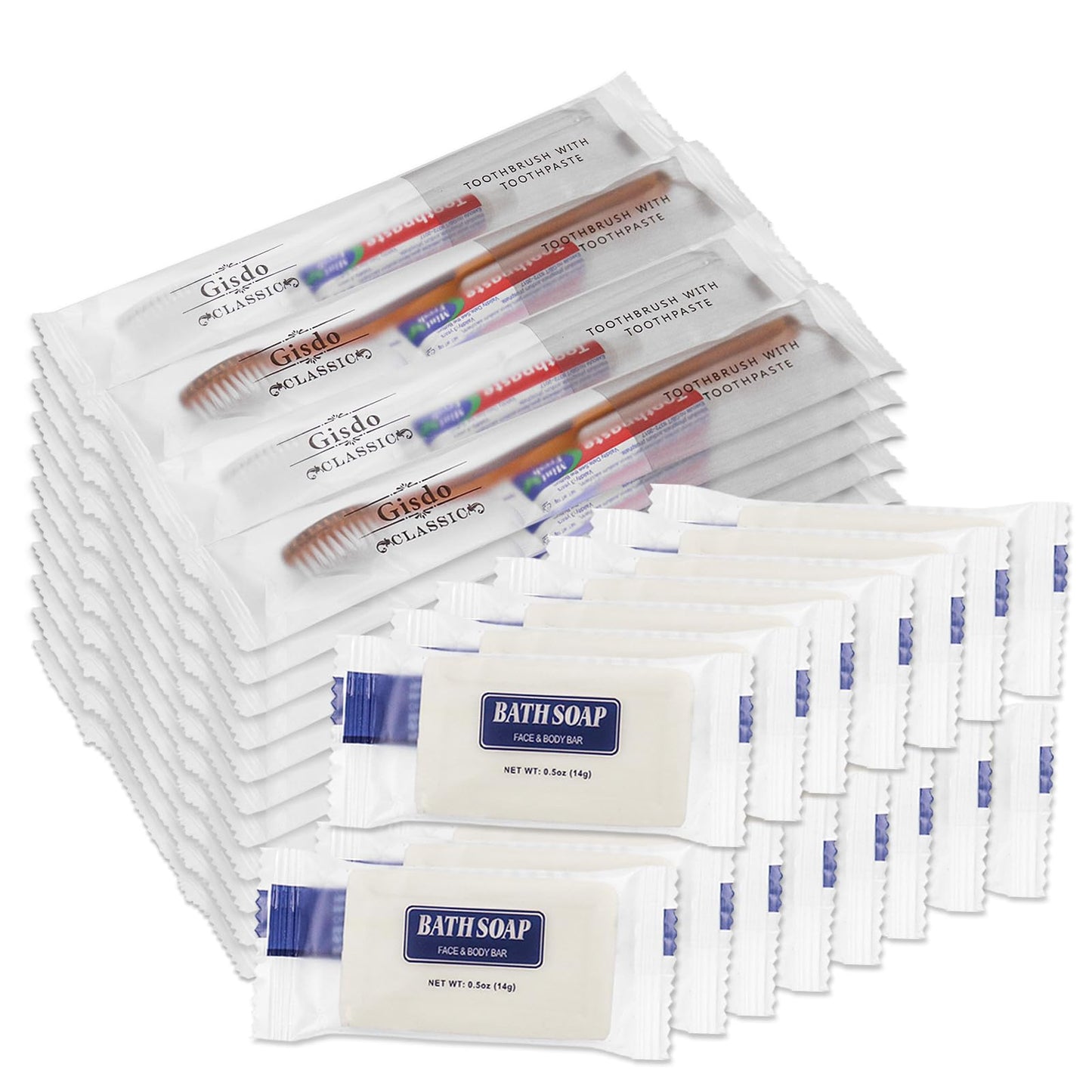 Gisdo 50 Pack Basic Toiletry Kits Disposable Toothbrushes with Toothpaste and Soap Individually Wrapped, Travel Personal Hygiene Kit for Hotel Amenities, Airbnb Hosts, Homeless, Travel & Camping