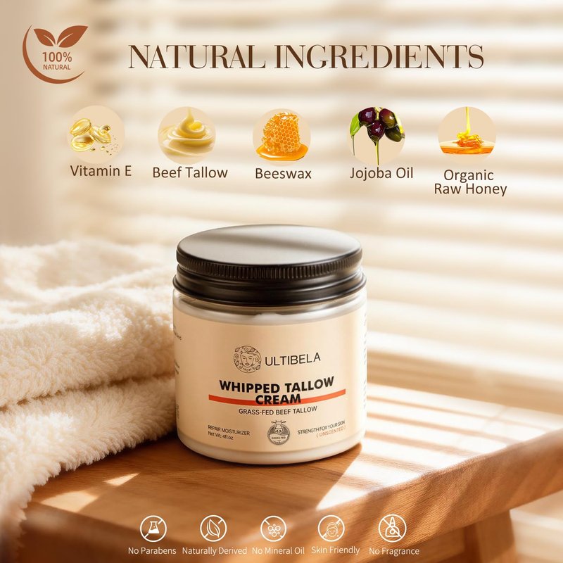 ULTIBELA Beef Tallow for Skin, 100% Grass-Fed Whipped Tallow and Honey Balm for Body ＆ Face Natural Body Cream for Dry & Sensitive Skin Care 4OZ (Unscented)