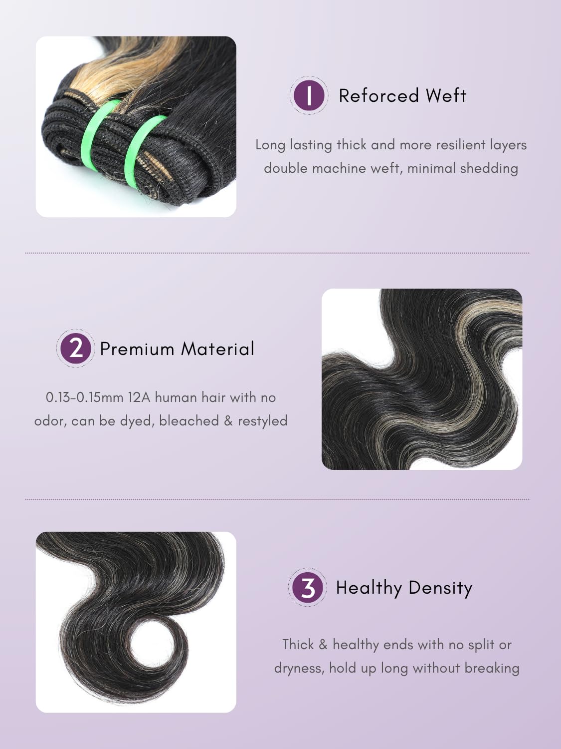 AUROO Platinum Blonde Highlight Black Mix Color Body Wave Human Hair, 100% Brazilian Thick Track Bundles #F1B/613 Ombre Skunk Stripe Balayage Colored Single Bundles Quick Weave Remy 14 In