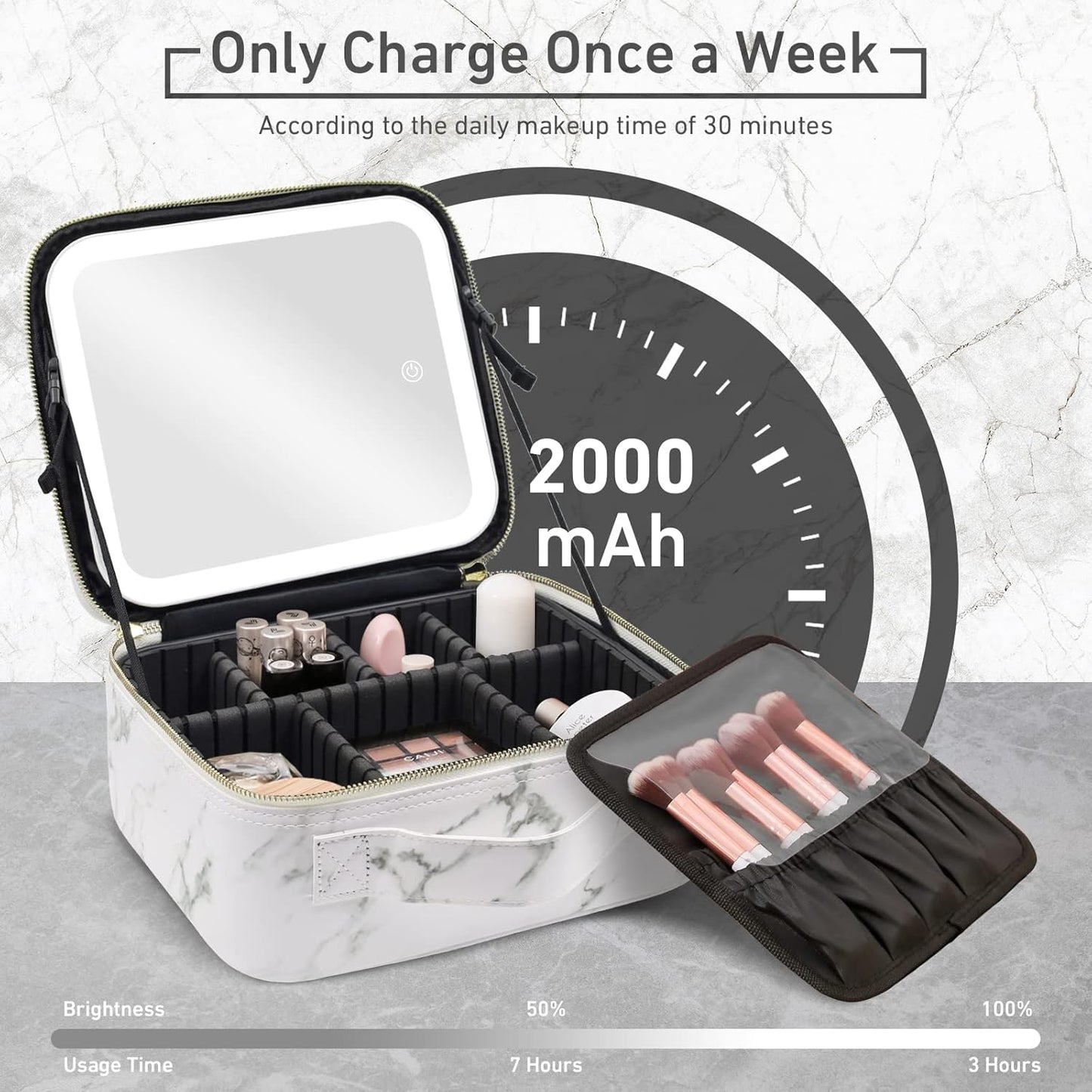 Lighted Travel Makeup Bag - Partitionable Train Case with Dimming Mirror | Cosmetic Organizer & Toiletry Gift