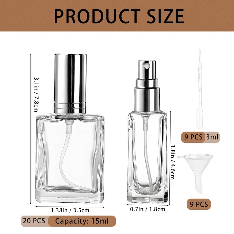 Seuqhck 20 Pack Clear Glass Perfume Bottle, 15ml Fine Mist Atomizer Spray Bottles, Empty Small Refill Fragrance Bottles with Droppers and Funnels for Travel Cleaning Face Body Essential Oil, Liquid