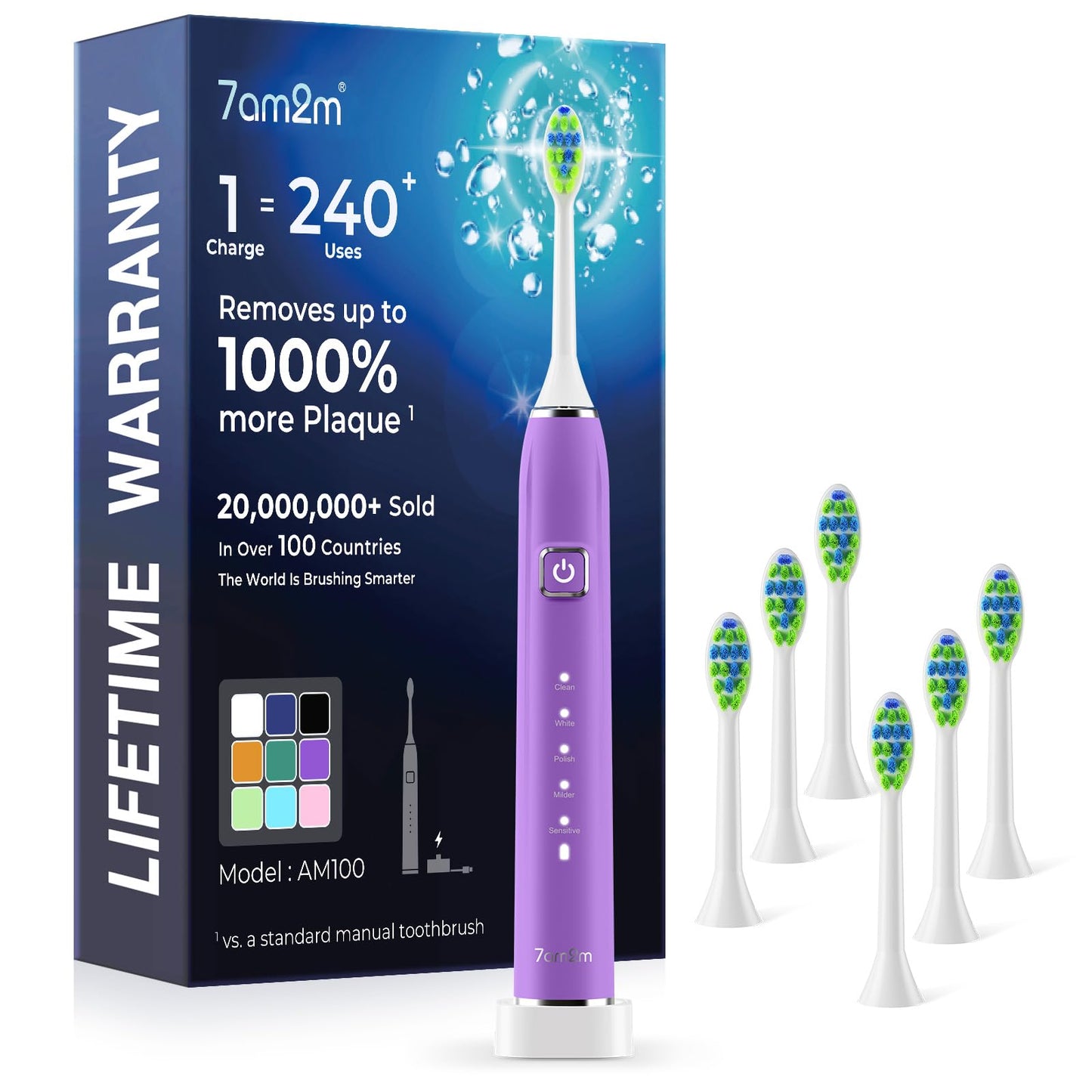 7AM2M Sonic Electric Toothbrush with 6 Brush Heads for Adults&Kids, One Charge for 120 Days, Wireless Fast Charge, 5 Modes, 40000VPM Powered Toothbrush, 2 Minutes Built in Smart Timer -Purple