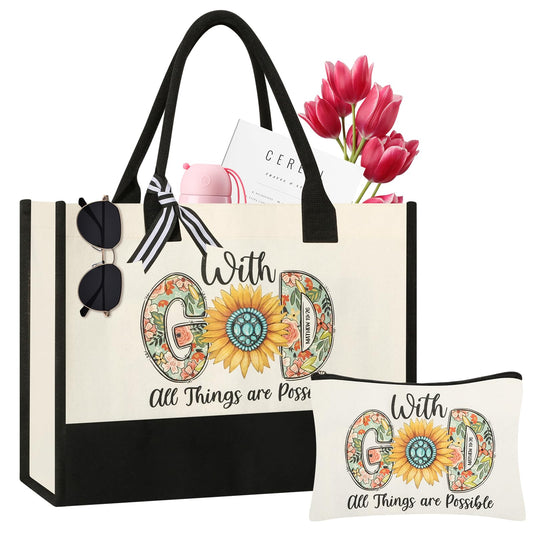 Tecanne Christian Gifts for Women, Canvas Tote Bag with Makeup Bag (4 Sets)