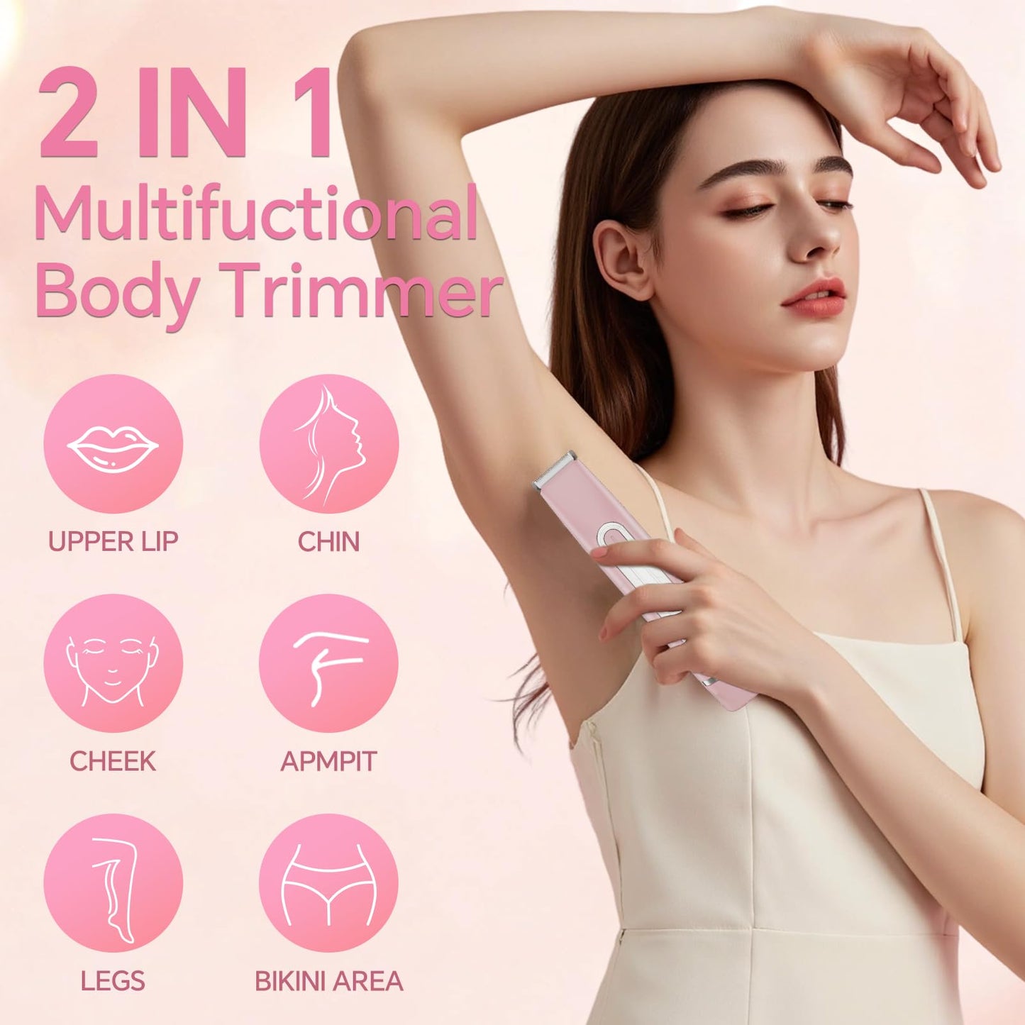 Bikini Trimmer for Women - 2 in 1 Dual Head Electric Razor, Painless Pubic & Body Hair Remover for Face, Legs, Underarms, IPX6 Waterproof, Cordless Rechargeable for Travel, Gift for Her(Pink+Purple)
