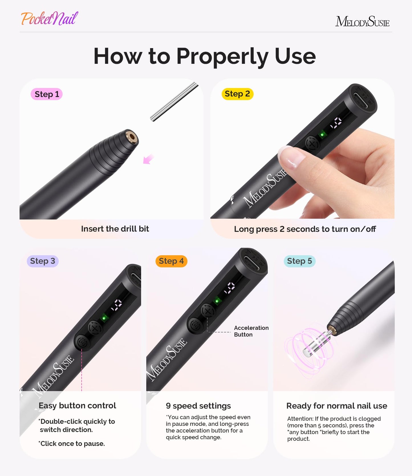 MelodySusie PocketNail Pen-Shaped Cordless Modular Nail Drill, PC100GR 20000RPM Slim Portable Rechargeable Electric File for Manicure Pedicure Nail Care, Shaping & Gel Removal at Home for Beginners