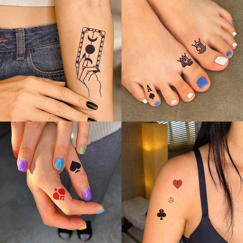 Poker Temporary Tattoos,60 Pcs Small Red heart Plum Blossom Spades Block Dice Playing Card Tattoo for Adult Women Men Decor,Casino Game Night day Gift,Bachelorette Girls Birthday Party Decorations 486