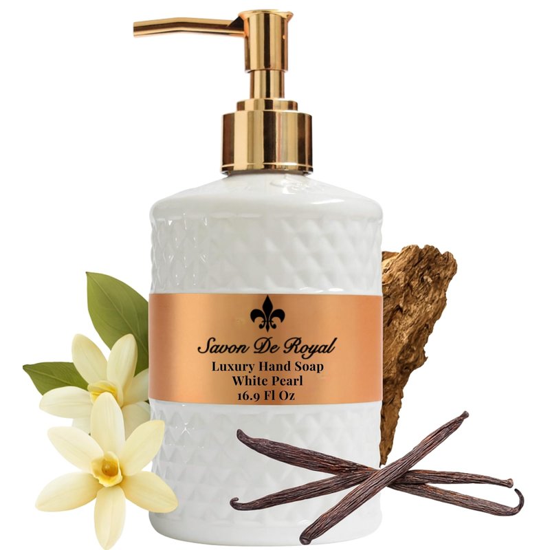 Savon De Royal Luxury Liquid Hand Soap, Musk - Vanilla Scent, Moisturizing Vegan Kitchen & Bathroom Soap for Hand Wash, Gentle & Nourishing Formula, Refillable Bottle 16.9 Fl Oz, White Pearl