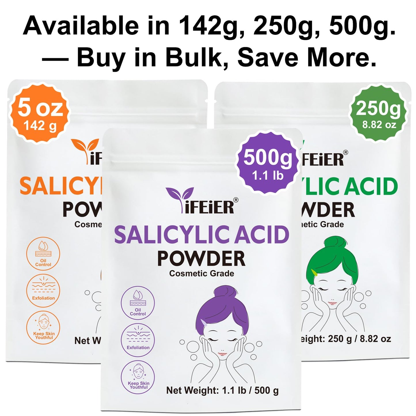 iFEiER Pure Salicylic Acid Powder | Cosmetic Grade Salicylic Acid 1.1 LB (500 g) | acido salicilico powder for DIY BHA Exfoliant, Hair & Industrial Use | Make Serum