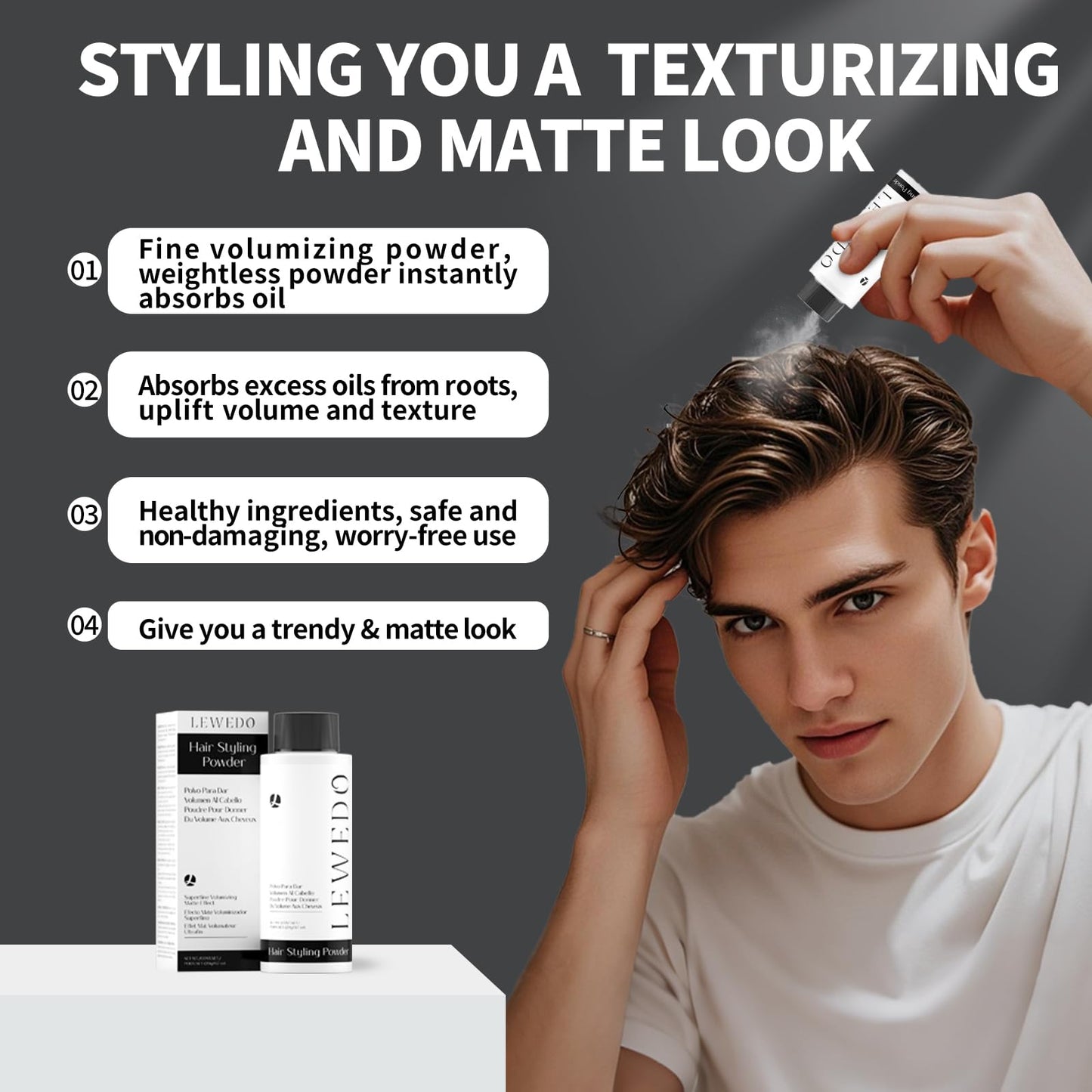 lewedo Volumizing Styling Powder 20g - Natural Volume & Matte Finish for Men, Oil-Absorbing Texture Powder with Adjustable Nozzle