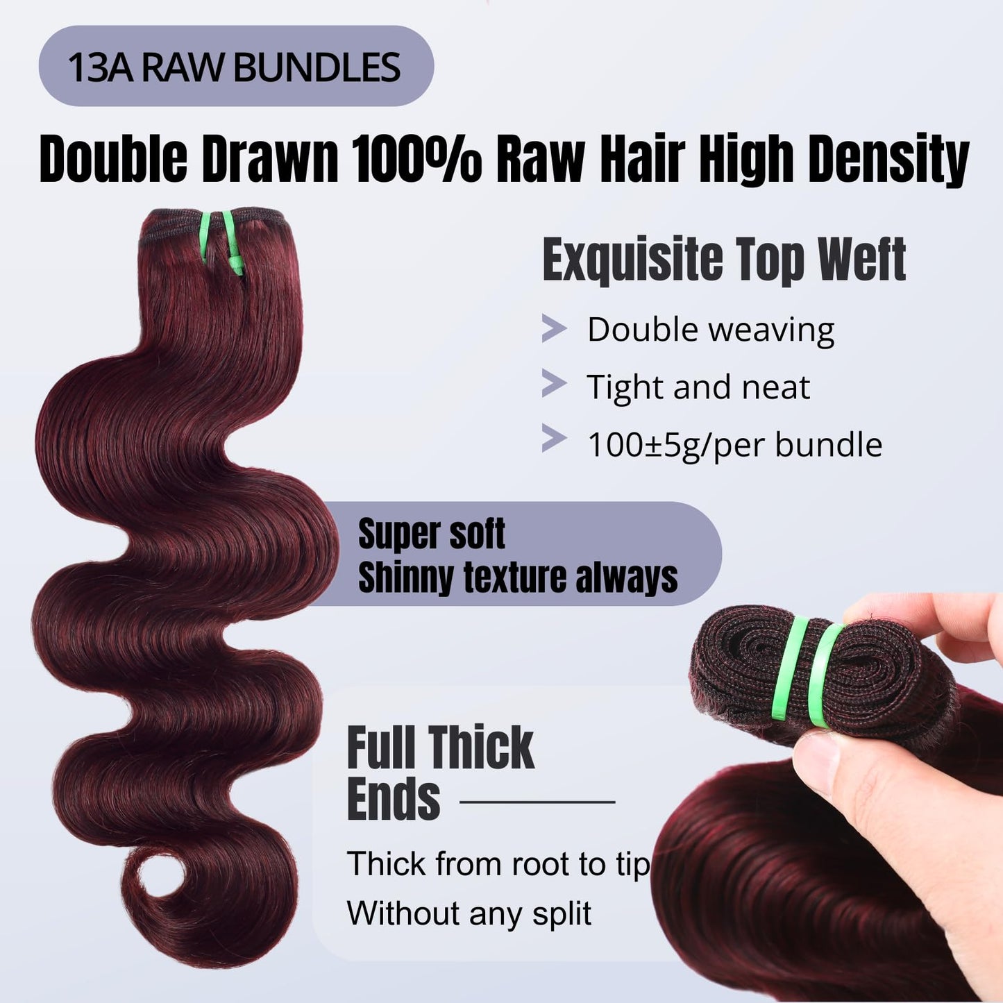 HERMOUS 13A Double Drawn 99J Dark Burgundy Human Hair Bundles Body Wave, Double Lifespan Than Regular Bundle Keep Silky & Soft After Washes Colored #99J Wine Single Bundles Raw Hair Quick Weave 10 IN