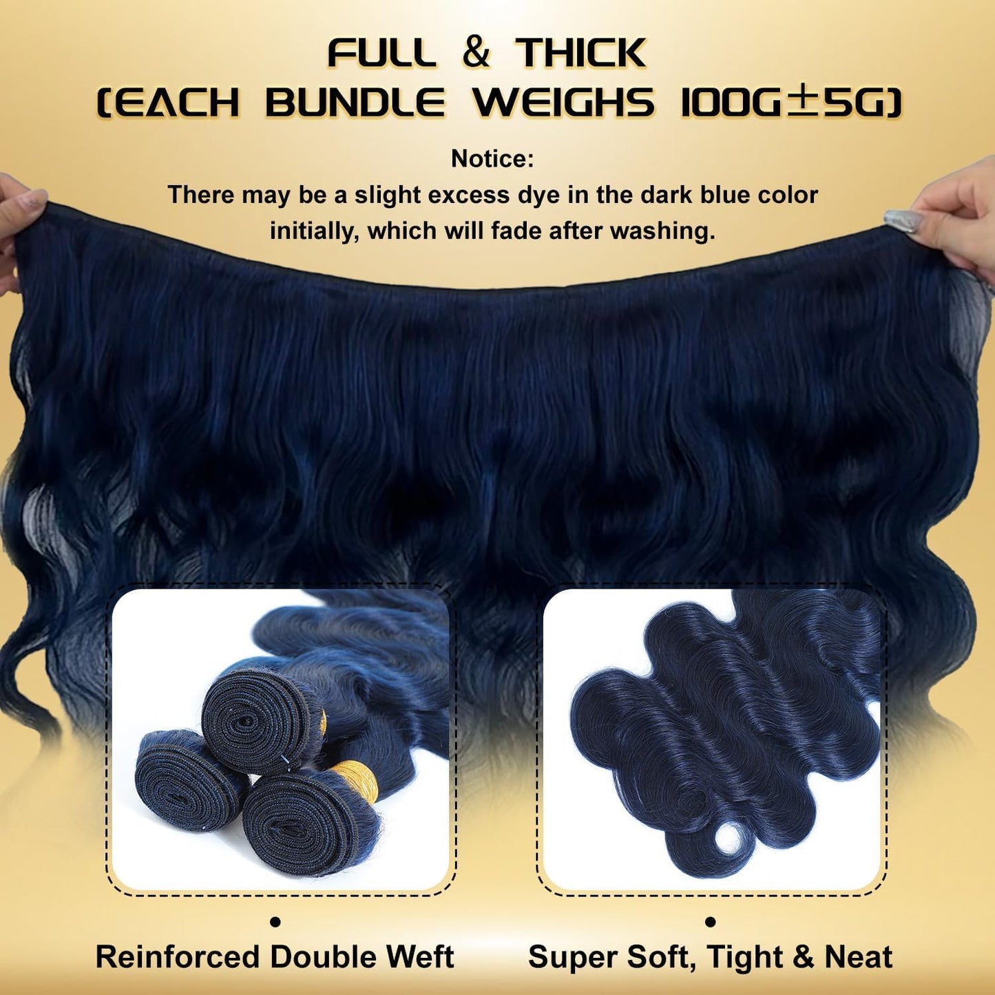 Syrenlore Dark Blue Human Hair Bundles, 12A 100% Brazilian Virgin Hair Body Wave Bule Colored Quick Weave Sew In Single Bundle 13 Inch