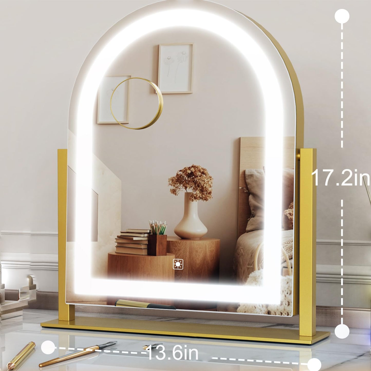 Gvnkvn Arched Makeup Vanity Mirror with Lights 17.2" LED Makeup Mirror Detachable 10X Magnification, Hollywood Make Up Mirror with Lighting, Smart Touch, 360° Rotation, (Gold,Gift Box)