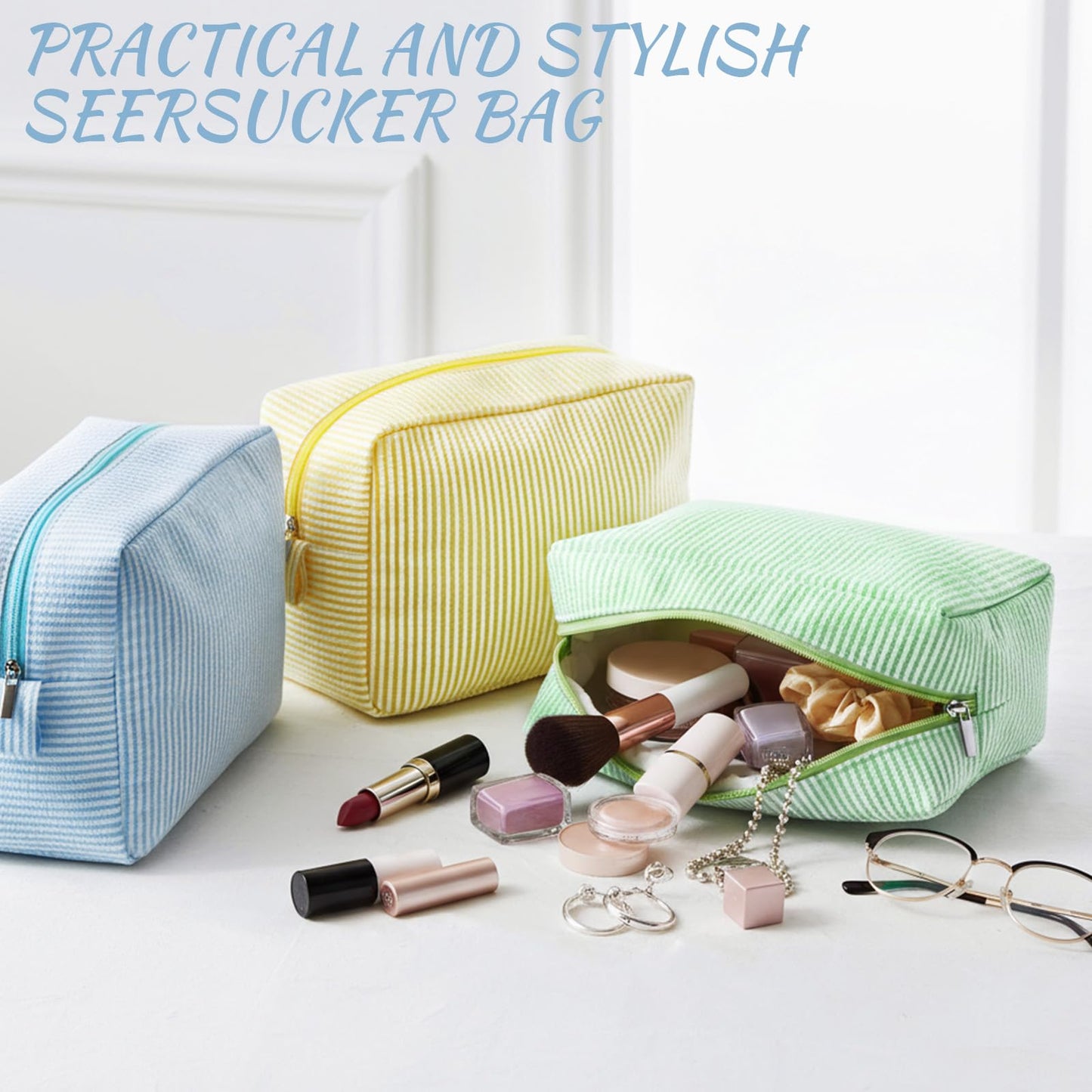 Sanwuta 3 Pcs Seersucker Makeup Bags Seersucker Cosmetic Bags Striped Women Large Travel Toiletry Organizer Preppy Storage Pouch for Embroidery Wedding Bridesmaid Gifts(Yellow, Green, Lake Blue)