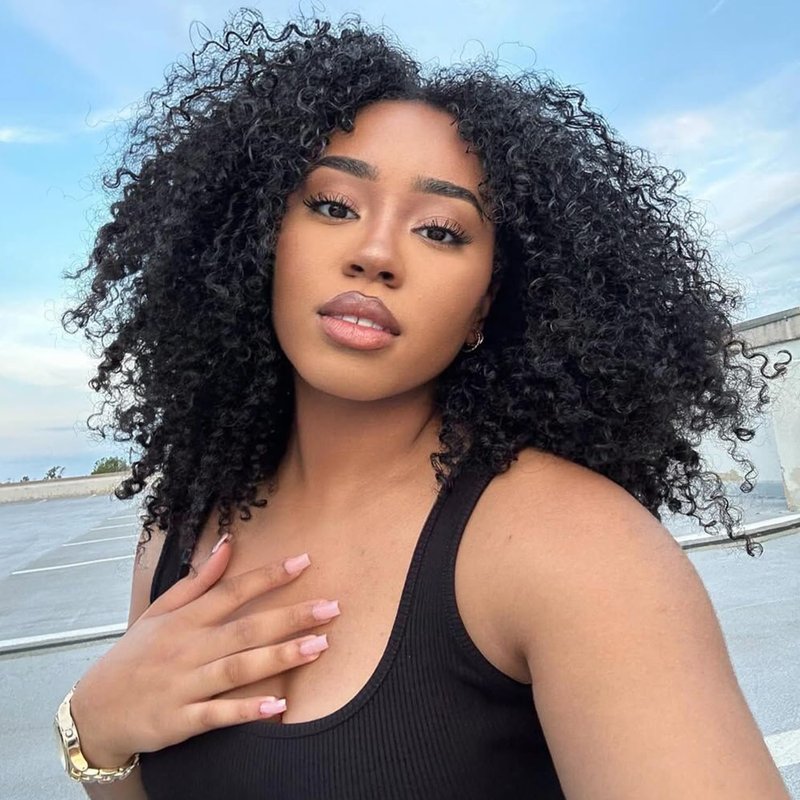 HUA 14 Inch Curly V Part Wig Human Hair Mixed Synthetic Upgrade U Part Human Hair Wig for Black Women Daily Use Glueless V Shape Wigs Afro Curly Wigs 180% Density 1B#