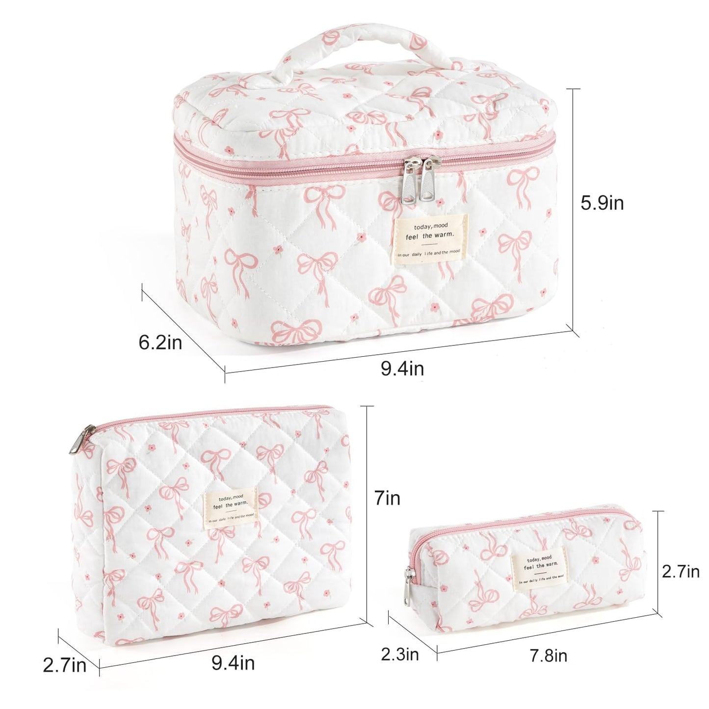 UUYUUY Makeup Bag for Women 3PCS Quilted Cotton Make Up Bag Travel Cosmetic Bag Large Makeup Bag Set Cute Bow Organizer Floral Toiletry Pouch for Purse, Bow B