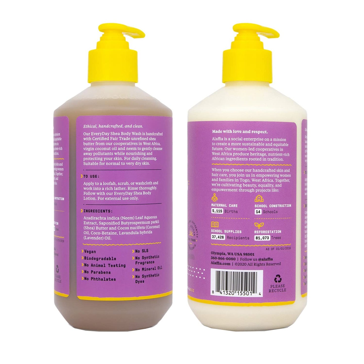 Alaffia Body Wash & Body Lotion Set, EveryDay Shea, Lavender – Gentle Skin Cleanser & Moisturizer for Normal to Very Dry Skin, 16 Oz Ea
