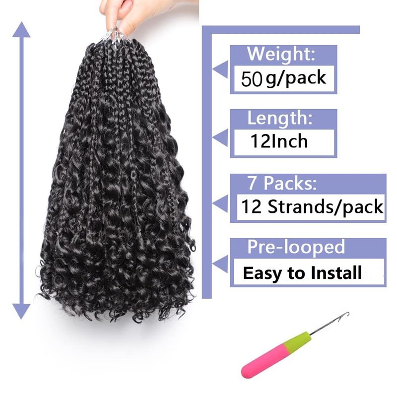 VIOLET 12 Inch Boho Box Braids Crochet Hair Goddess Box Braids Crochet Hair Prelooped Crochet Hair with Curly Ends Crochet Braiding Hair for Black Women (12 Inch, 7Packs, 1B/Gray)