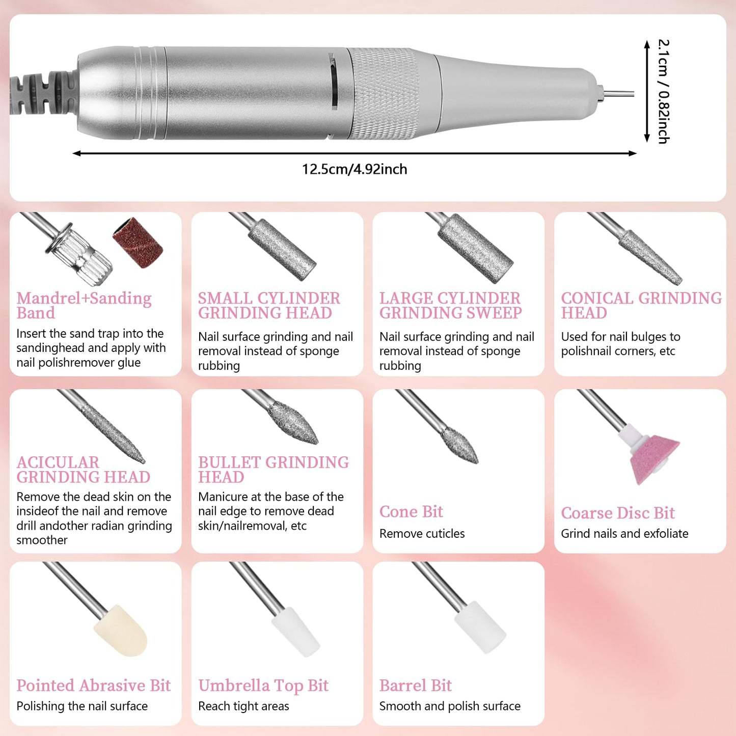 Electric Nail File Professional Kit - 45000RPM Portable Nail Drill Electric File with 11 Bits & Base丨LED Screen丨Ultra-Silent, Rechargeable Nail Drills Machine for Acrylic Nails Gel Polishing (White)