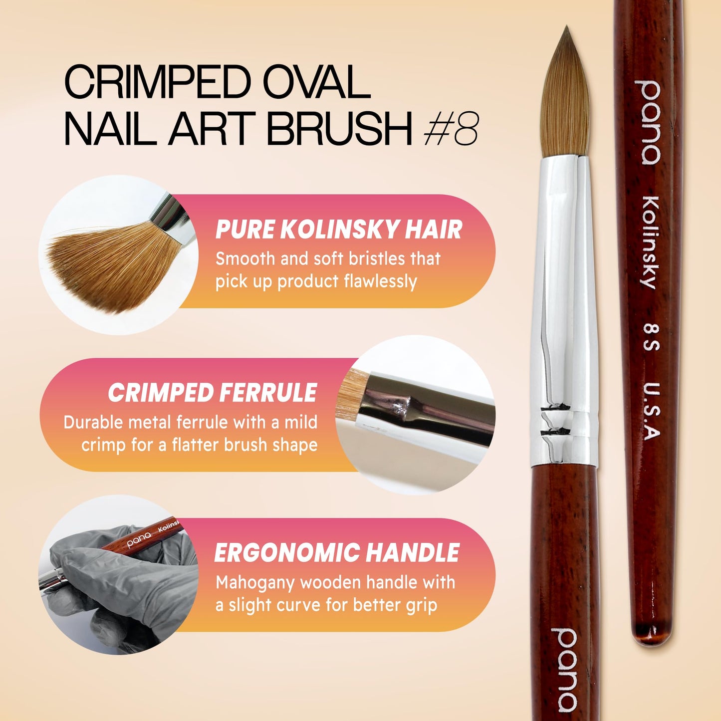 PANA Pure Kolinsky Hair Bristles Acrylic Nail Brush Oval Crimped Shaped Mahogany Wood Handle Professional Salon Quality (Size 8, Mahogany)