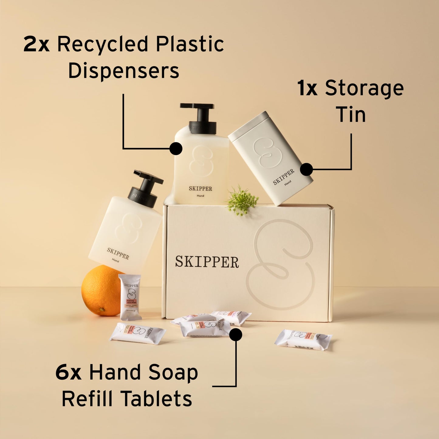 Tirtyl Skipper Foaming Hand Wash Duo Kit - 2 Recycled Plastic Refillable Dispensers + 6 Tablet Refills (6x 8 fl oz Bottles of Soap) + 1 Storage Tin - Variety Fragrances - Cleansing and Moisturizing