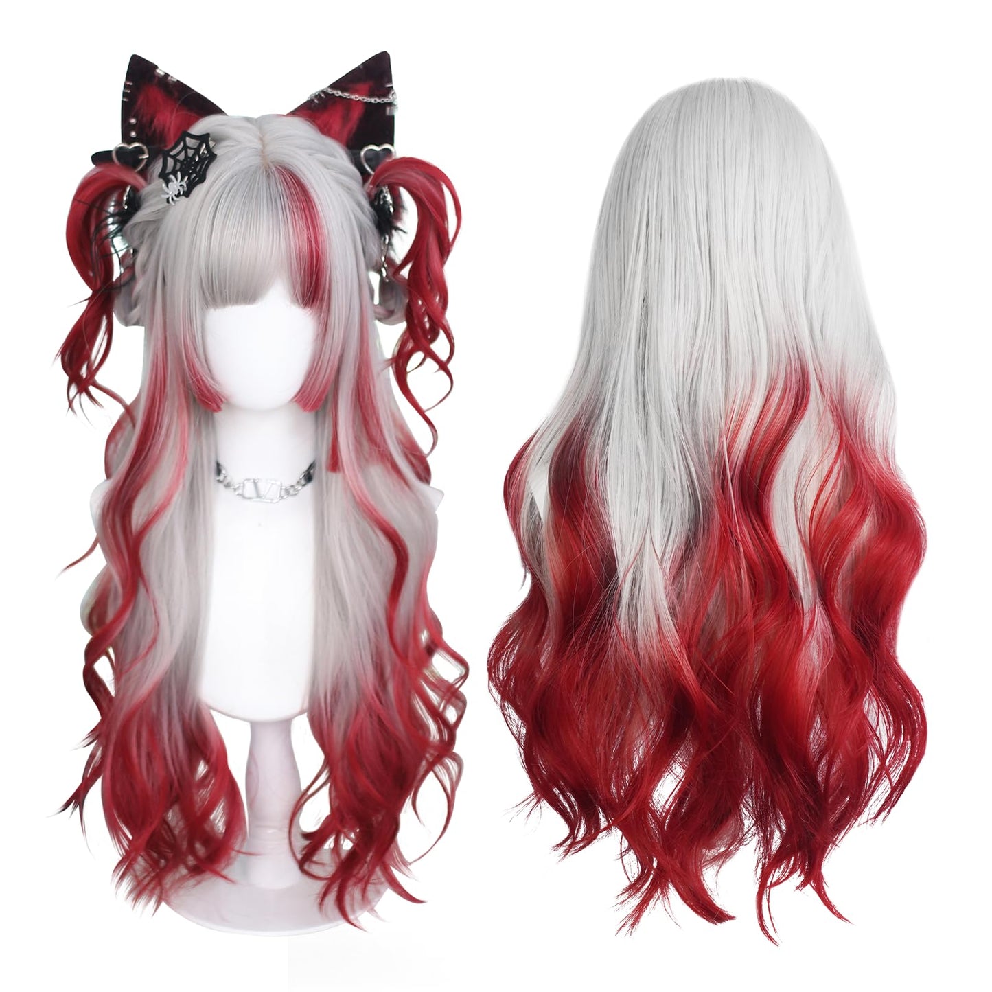 KORURACLUB gradient Wigs cosplay Wig pink and lolita wigs anime wig halloween Wigs for women (No accessories included) (Crimson Silver Glow)