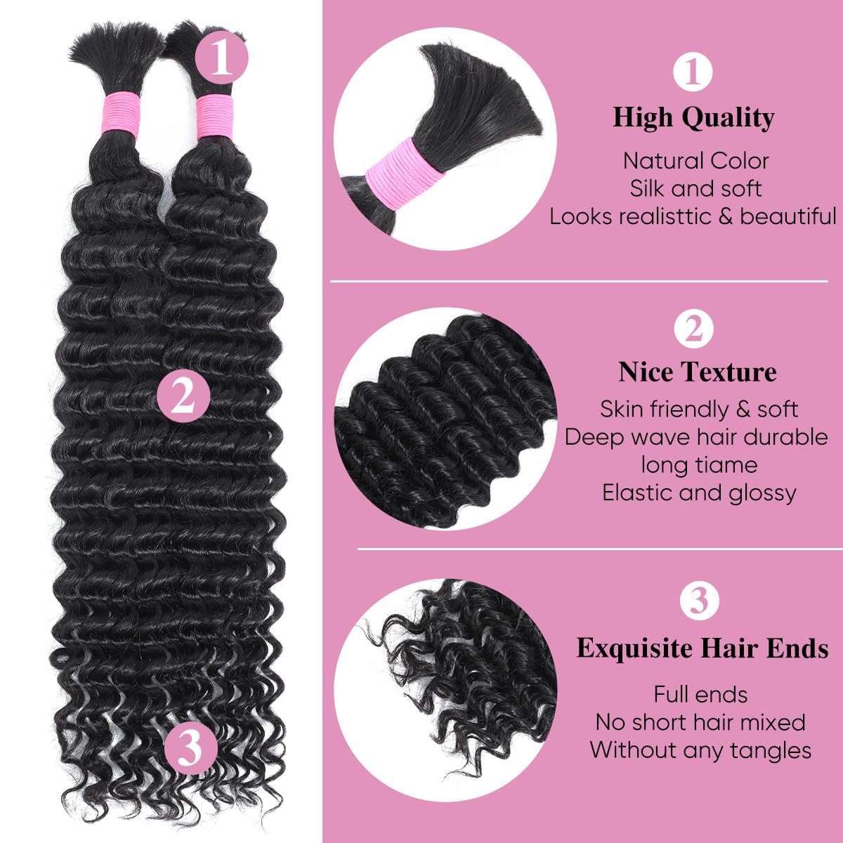 Human Braiding Hair for Boho Braids 14 Inch 2 Bundles 100g Deep Wave Bulk Hair 12A Virgin Curly for Knotless Braids (Natural Color)