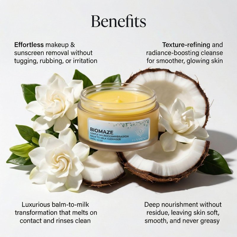 YUNASENCE Biomaze Natural Microdermabrasion Balm to Milk Cleanser, Melting Cleansing Balm for face. With Shea Butter, Sea Buckthorn, Vitamin E, Rice Fibers.