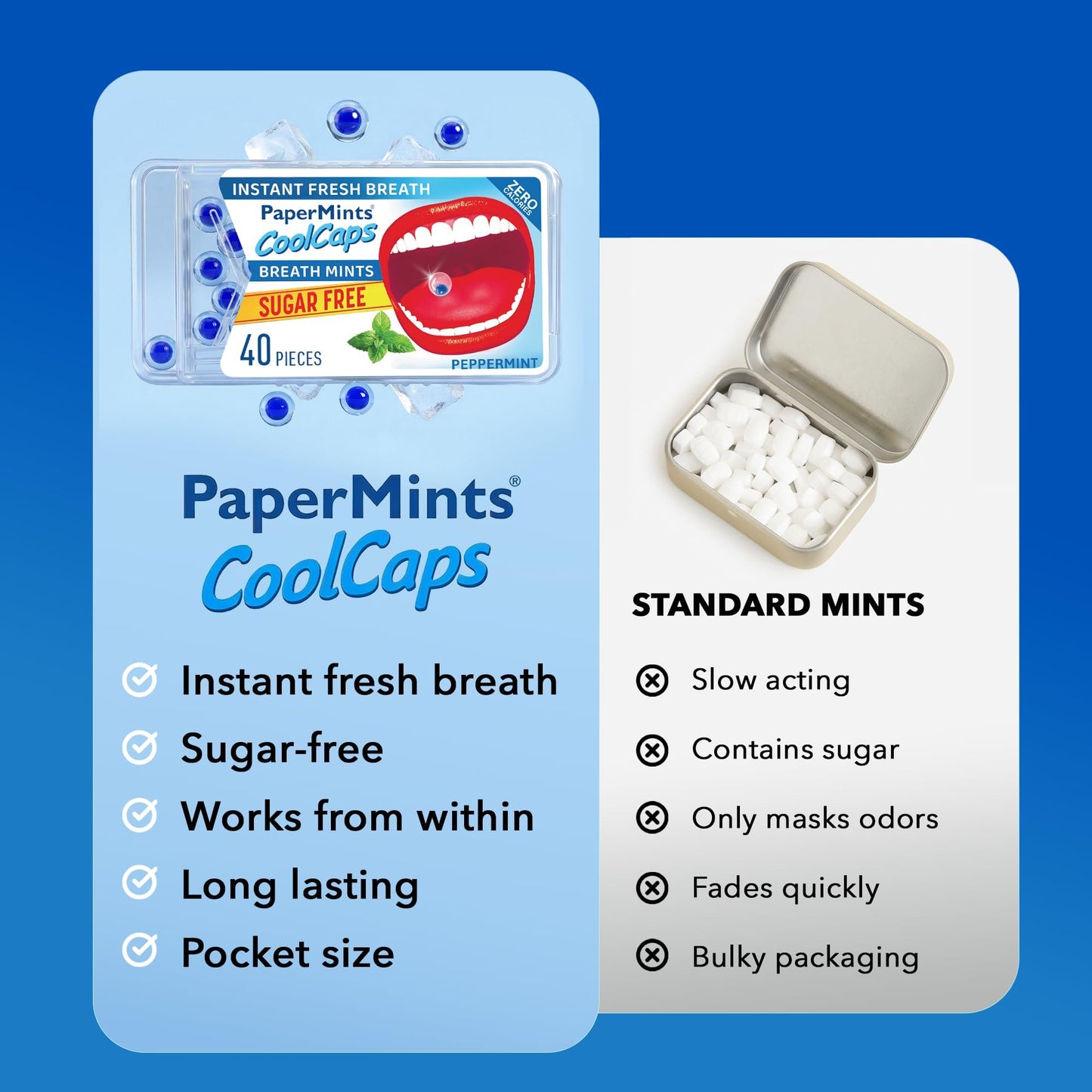 Papermints Coolcaps Liquid Burst Breath Mints. Dual-Action for Instant Fresh Breath + Gut Odor Control – Peppermint Flavor, Sugar Free, 0 Calories, Pocket Size - 4 Pack of 40 pieces - 160 Total