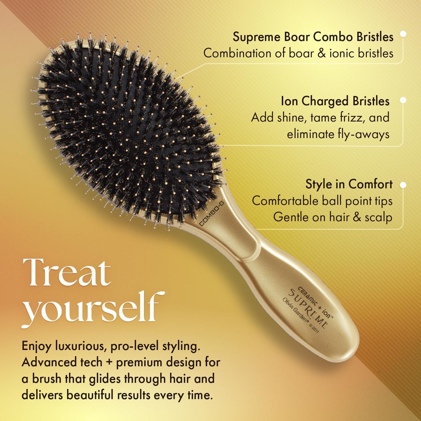 Olivia Garden Ceramic + Ion Supreme Paddle Hair Brush for Men and Women - Professional Boar Bristle Hair Brush for All Hair Lengths - Frizz-Free Results