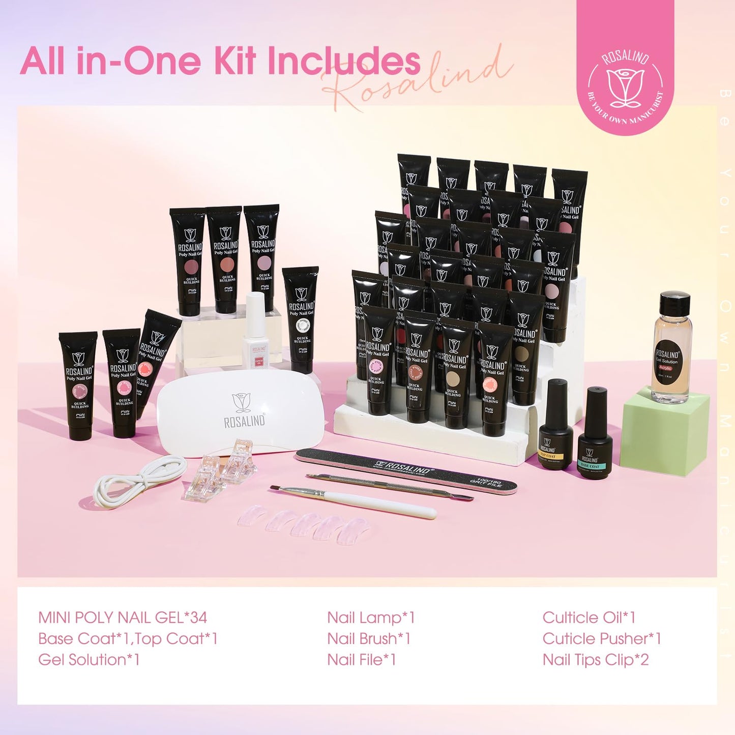 ROSALIND Coloful Poly Nail Gel Kit -34 Colors + Neon Accessories Clear Nude Poly Nails Gel Starter Kit with Mini UV Lamp Slip Solution Fall Colors Halloween Poly Extensions Kit