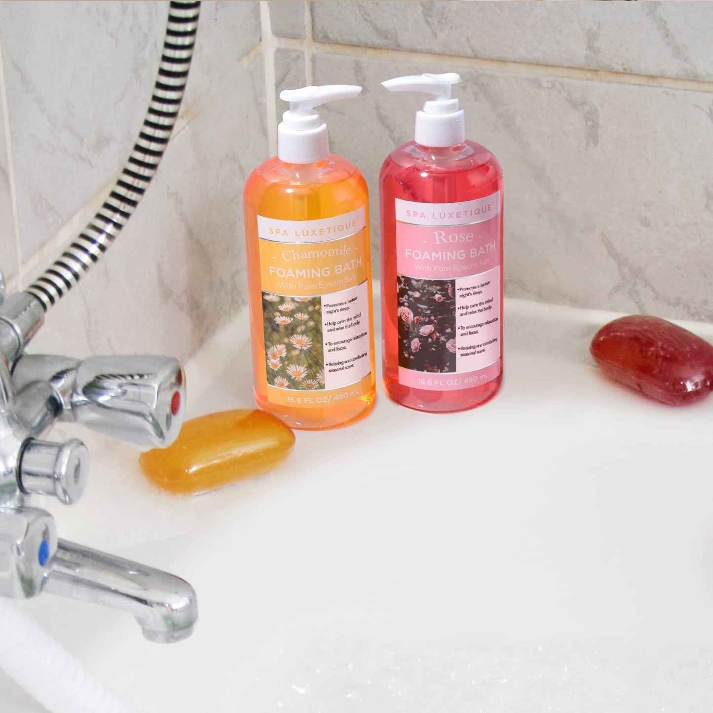 Bubble Bath, Spa Luxetique Foaming Bath for Women with Pure Epsom Salt, Bath Sets Rose and Chamomile Scent, Moisturizing and Relaxing Spa Gifts for Mom, 33.2 Oz (2 Pack)