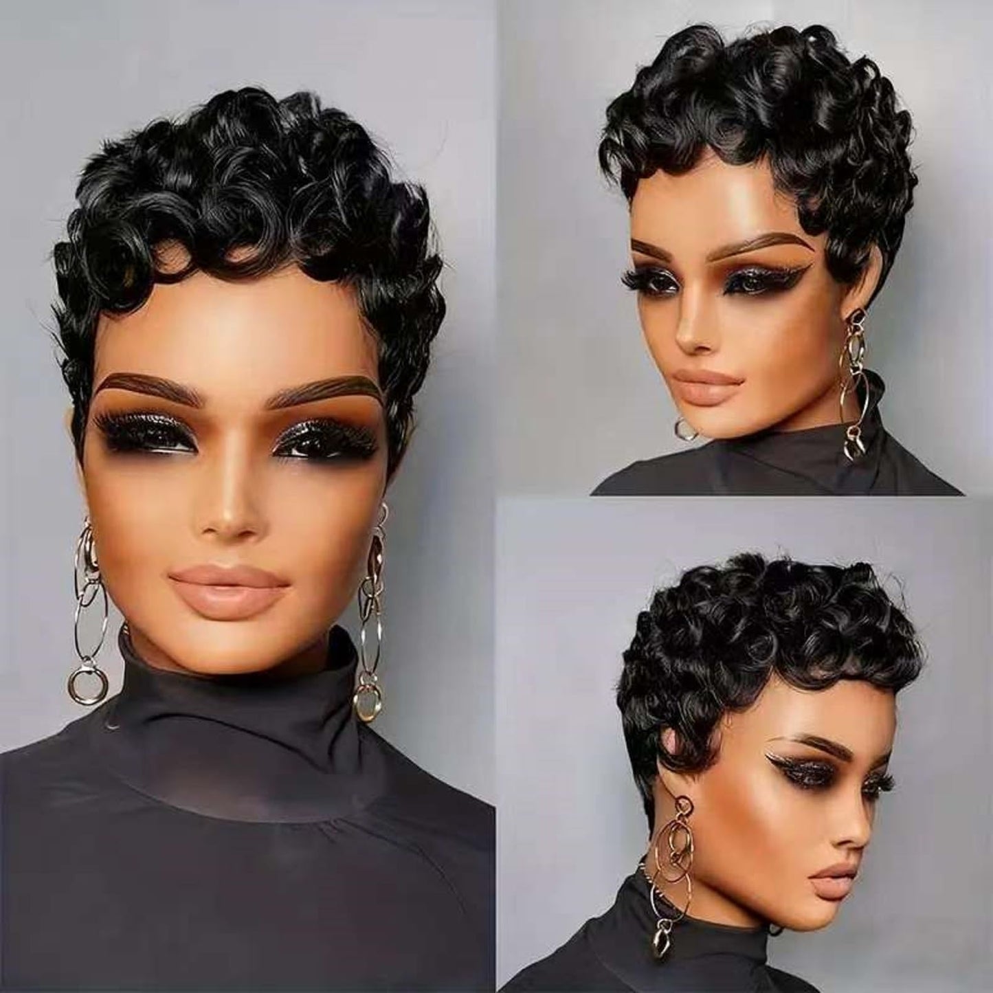Rofa Beauty Pixie Cut Wig Human Hair Short Curly Pixie Wigs for Black Women Glueless Layered Brazilian Virgin Human Hair Wigs For Women Daily Use Black 1B Color
