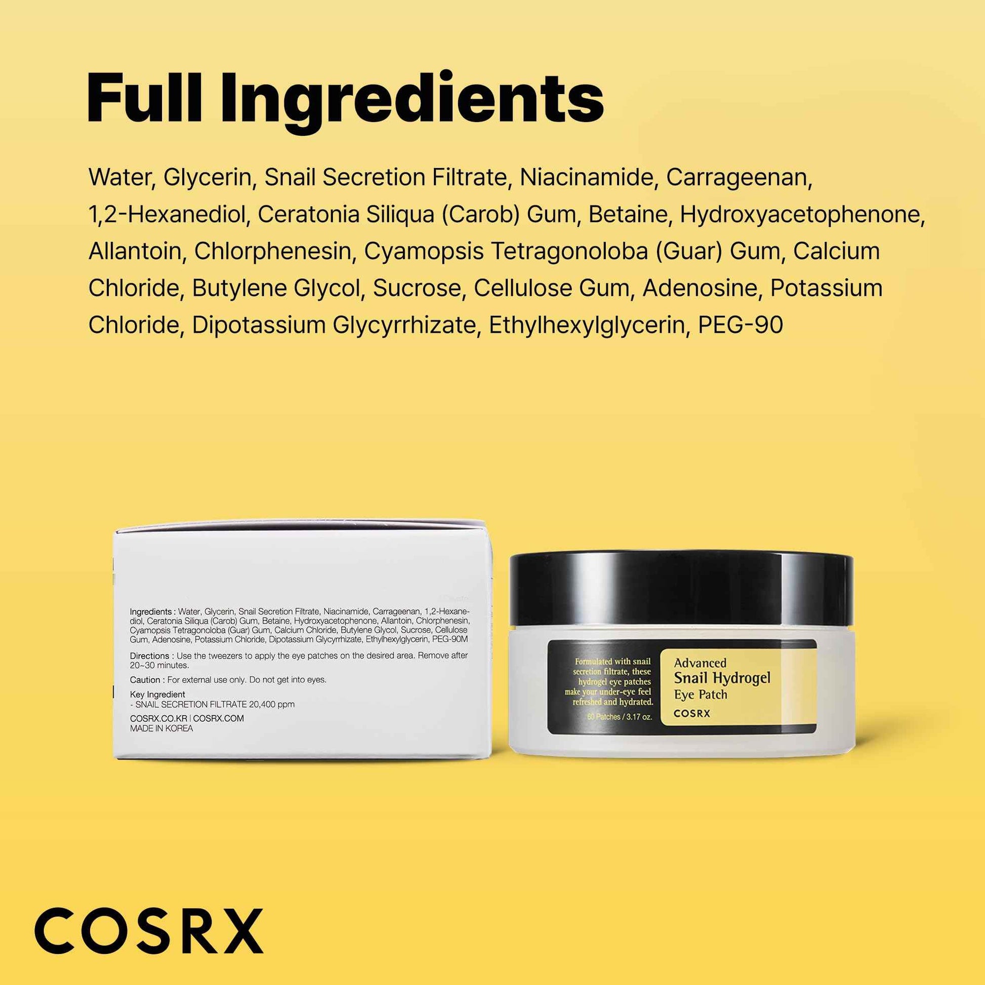 COSRX Advanced Snail Hydrogel Eye Patch (60pc), Gel Serum Mask, Puffy Undereye Treament, Fine Lines, Refresh, Hydrate| Paraben free, Korean Skin Care