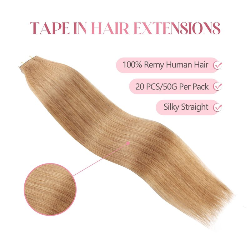 Sixstarhair Strawberry Blonde Tape in Hair Extensions Remy Human Hair Double Side Tape Attached Invisible Hair Extensions 20 Pieces [Color 27 Strawberry Blonde 16inch]