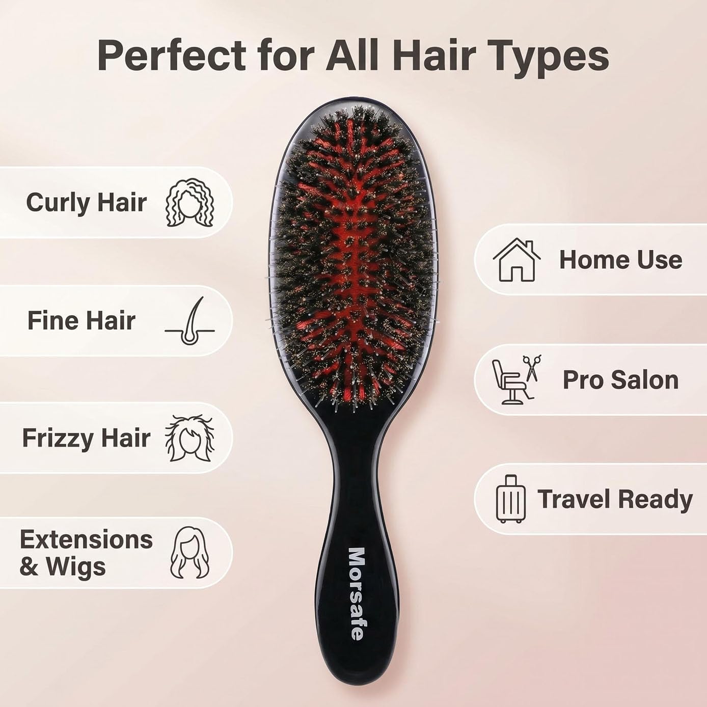 Morsafe Boar Bristle Hair Brush for Women Men Painless Detangling Paddle Brush for Curly Fine Tangled Hair, Anti-frizz Boar Nylon Bristle Cushioned Brush, Includes Cleaning Tool